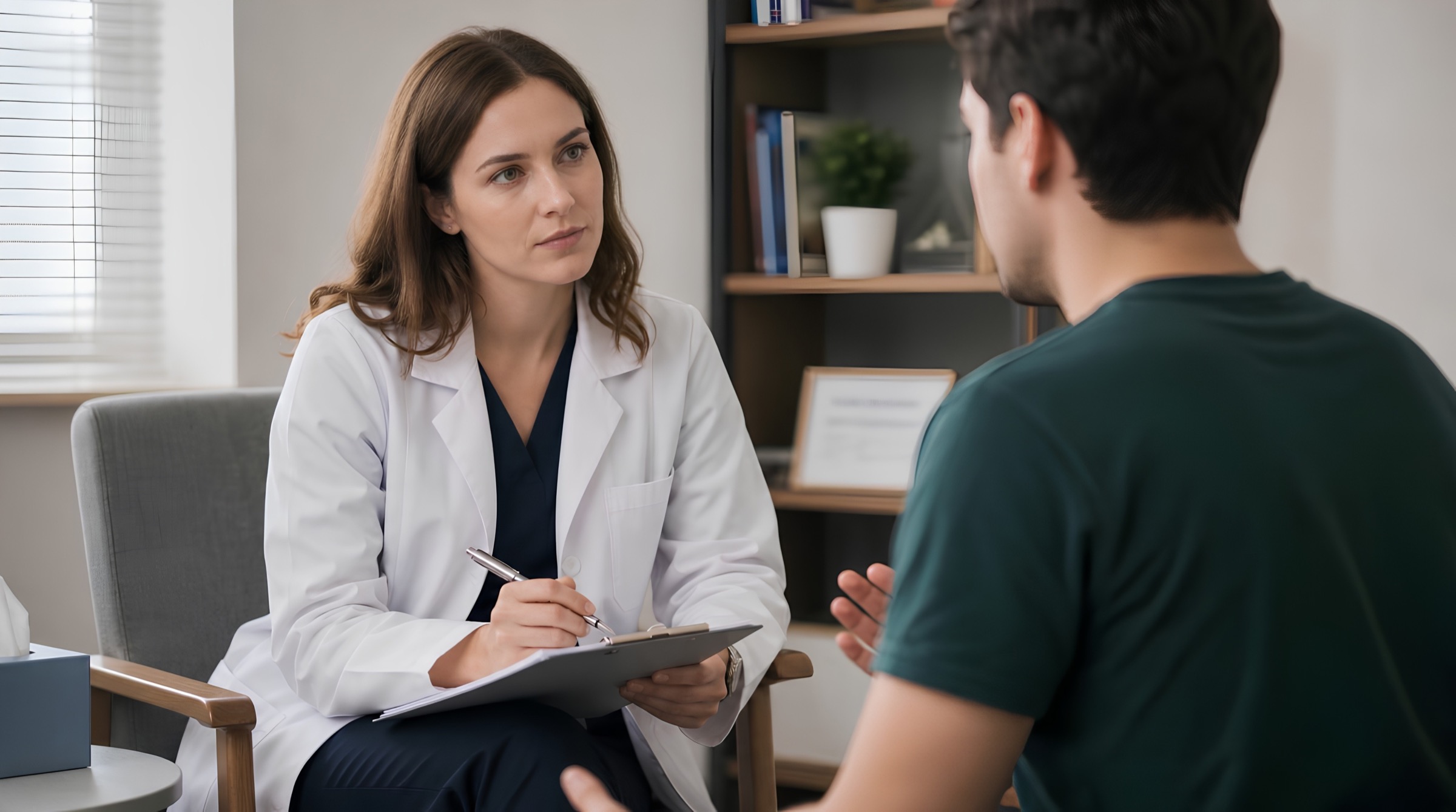 Woman in a white coat listening to a man while holding a clipboard.